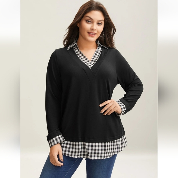 NWT- Black Vneck Sweater With Gigham Design At Collar And Hem-Size 28/5X - Picture 1 of 7